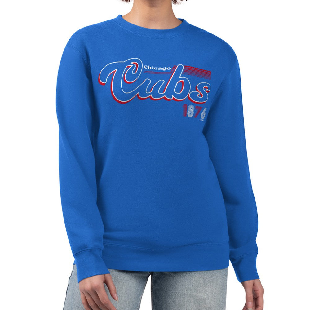 Chicago Cubs Starter Women's Groovy Script Team Fleece Pullover Sweatshirt - Royal
