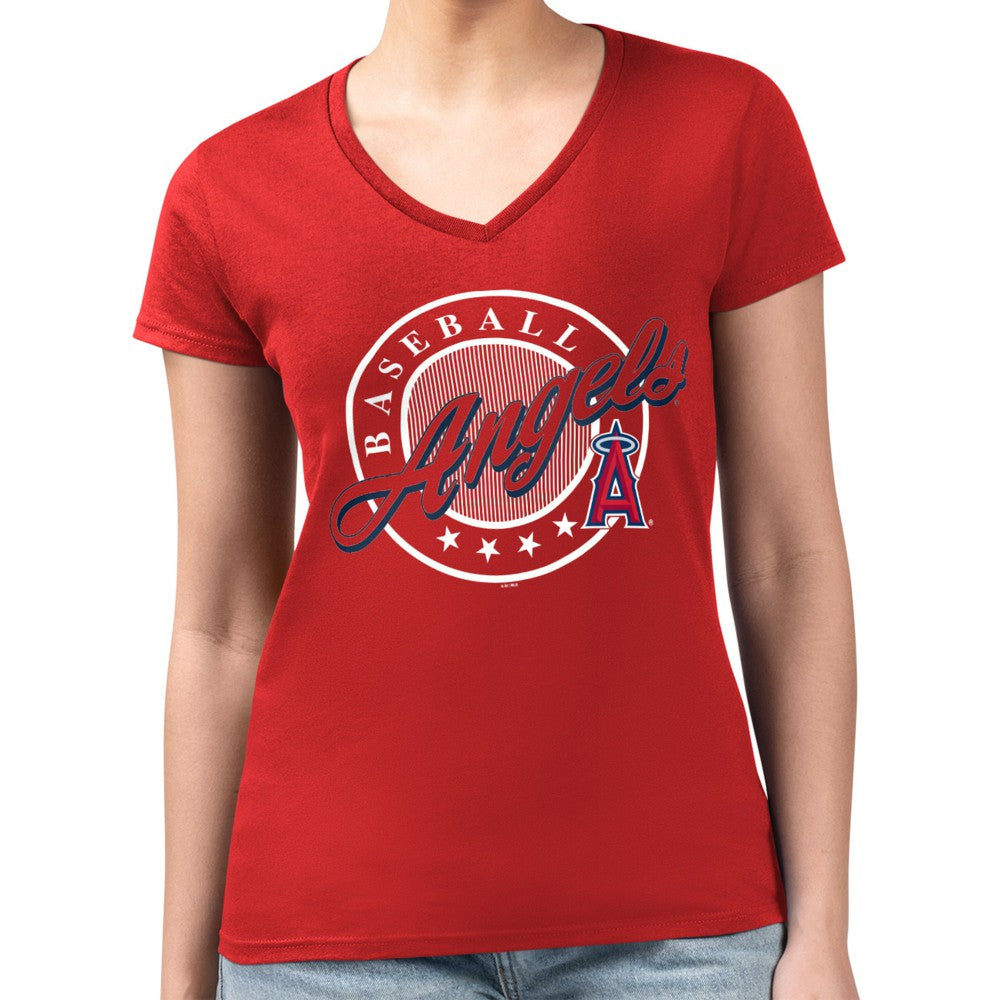 Los Angeles Angels G-III 4Her by Carl Banks Women's Super-Slim Fit Lightweight Pinstripe Circle V-Neck T-Shirt - Red