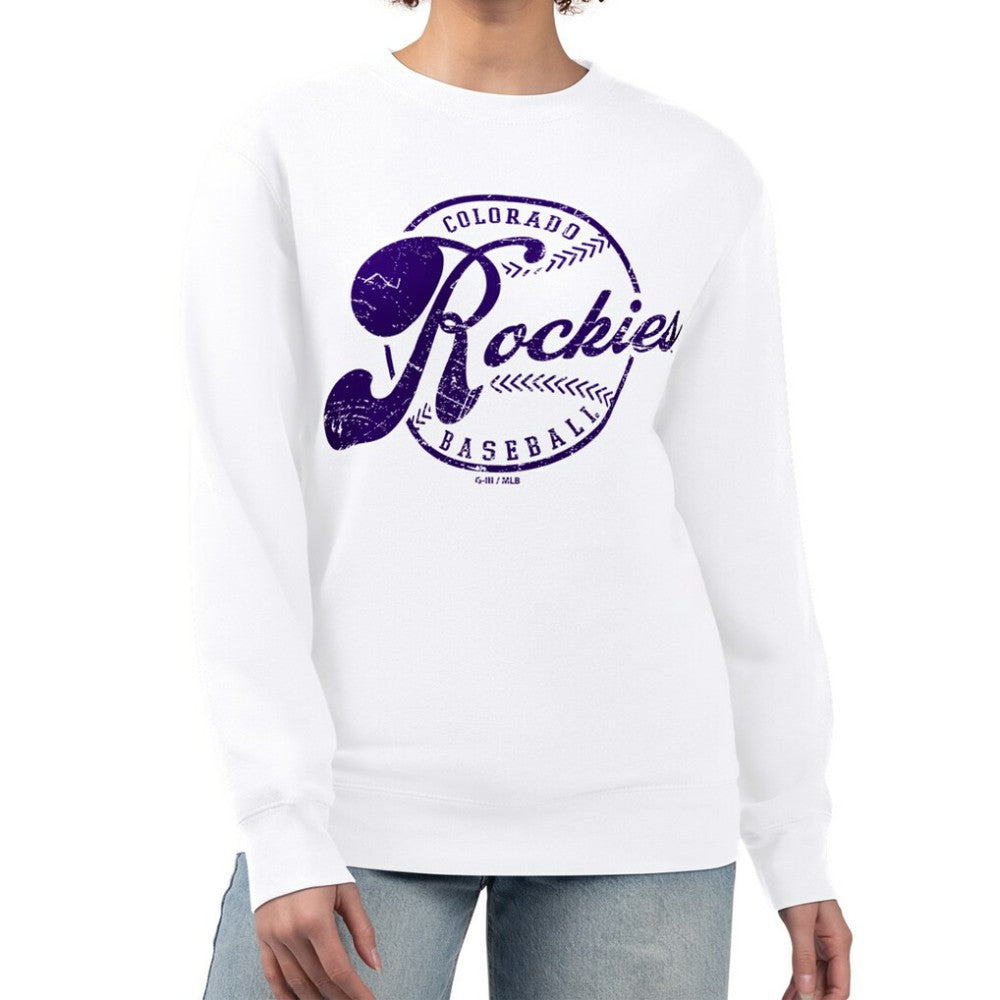 Colorado Rockies G-III 4Her by Carl Banks Women's Distressed Baseball Team Fleece Pullover Sweatshirt - White