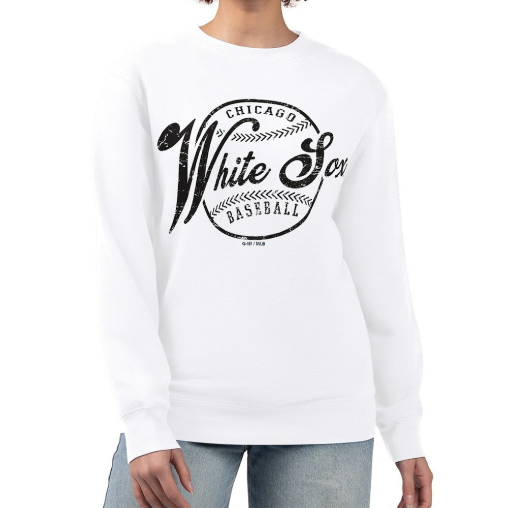 Chicago White Sox G-III 4Her by Carl Banks Women's Distressed Baseball Team Fleece Pullover Sweatshirt - White