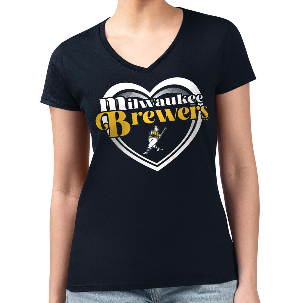 Milwaukee Brewers G-III 4Her by Carl Banks Women's Super-Slim Fit Lightweight Double Heart V-Neck T-Shirt - Navy