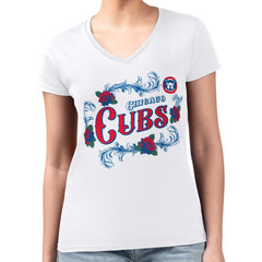 Chicago Cubs G-III 4Her by Carl Banks Women's Super-Slim Fit Lightweight Retro Roses V-Neck T-Shirt - White