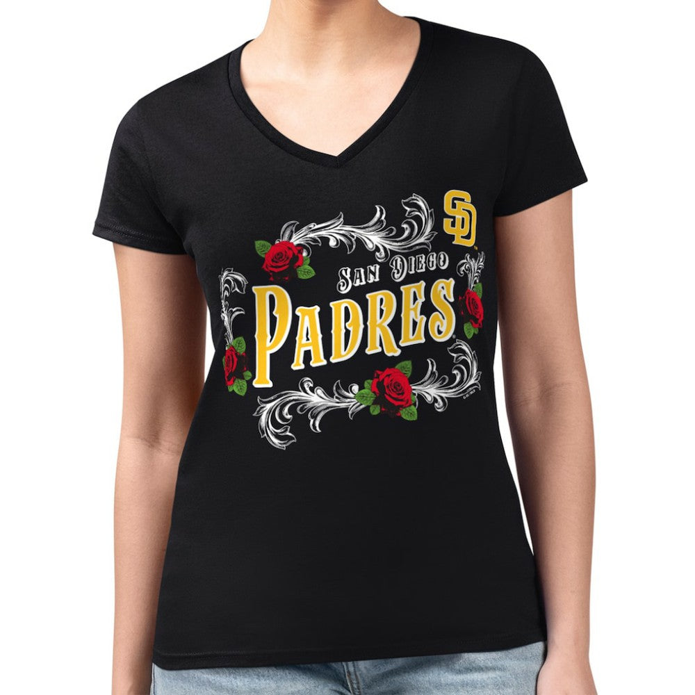 San Diego Padres G-III 4Her by Carl Banks Women's Super-Slim Fit Lightweight Retro Roses V-Neck T-Shirt - Black