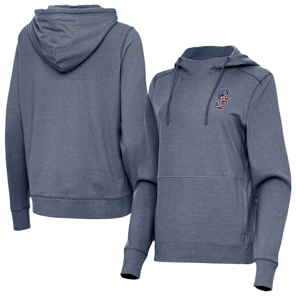 Seattle Mariners Antigua Women's Justice Stars and Stripes Team Logo Pullover Hoodie - Heather Navy