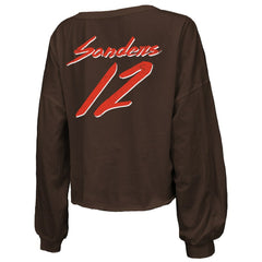 NFL Cleveland Browns Shedeur Sanders Majestic Threads Women's Name & Number Off-Shoulder Script Cropped Long Sleeve Relaxed V-Neck T-Shirt