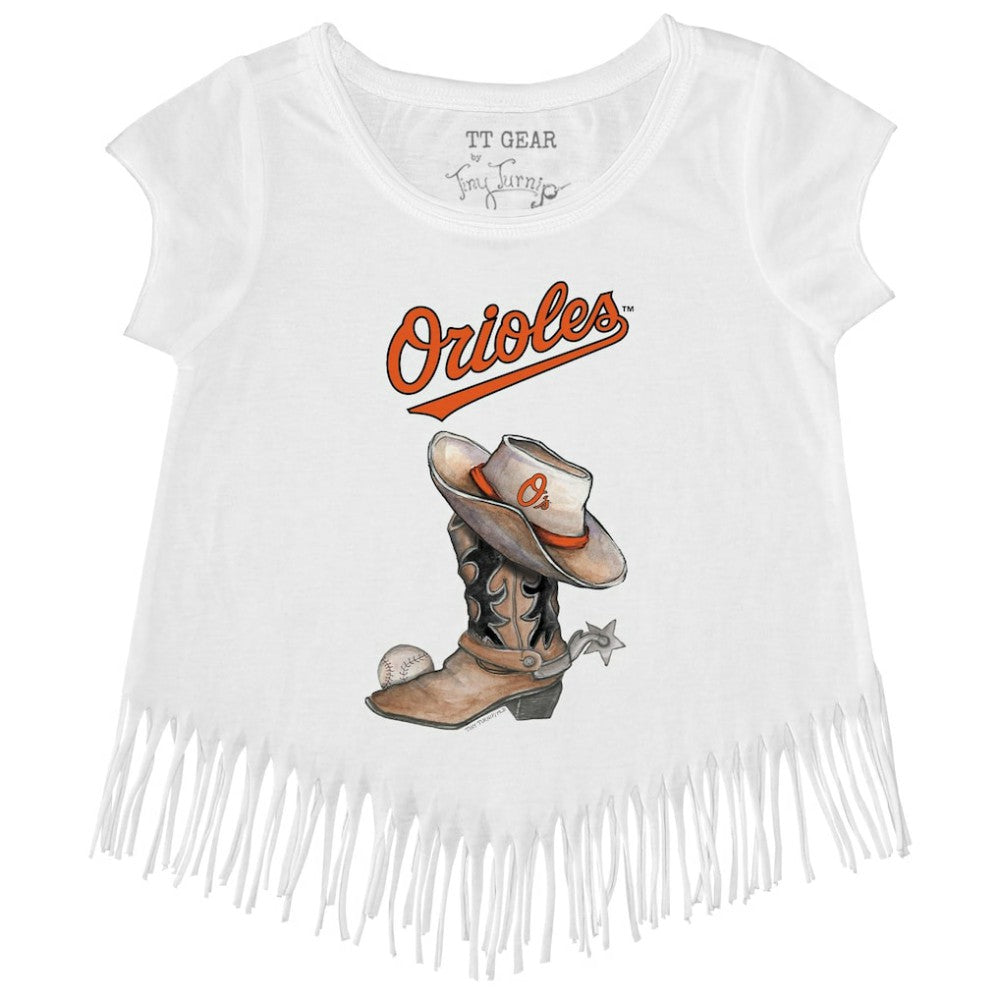 Baltimore Orioles Tiny Turnip Girls Youth Cowboy Boot Fringe T-Shirt - White