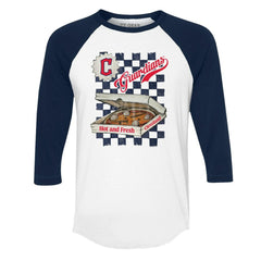 Cleveland Guardians Tiny Turnip Women's Pizza 3/4-Sleeve Raglan Baseball T-Shirt - White/Navy