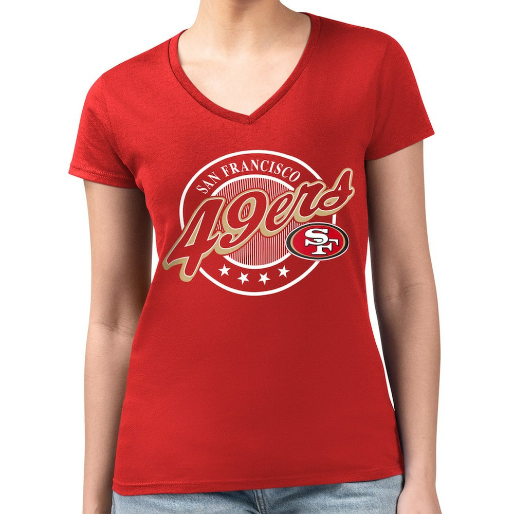 NFL San Francisco 49ers G-III 4Her by Carl Banks Women's Super-Slim Fit Lightweight Pinstripe Circle V-Neck T-Shirt