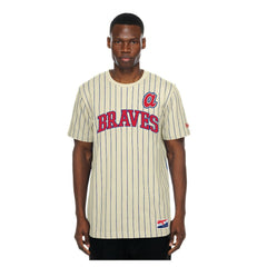 Atlanta Braves Throwback Meshback Pinstripe T-Shirt - Cream | New Era