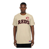 Cincinnati Reds Throwback Meshback Pinstripe T-Shirt - Cream | New Era