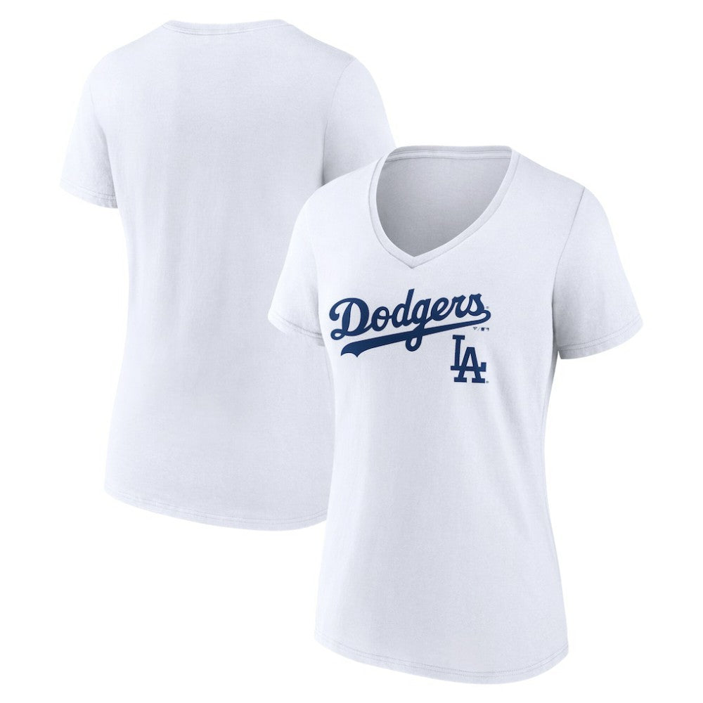 Los Angeles Dodgers Women's Team Lockup V-Neck T-Shirt - White
