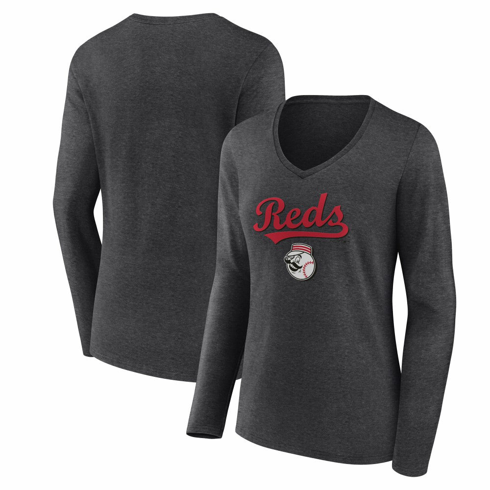Cincinnati Reds Women's Team Lockup Long Sleeve V-Neck T-Shirt - Charcoal
