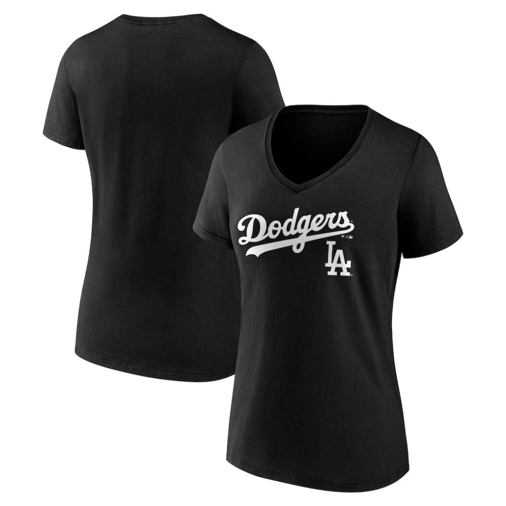 Los Angeles Dodgers Women's Team Lockup V-Neck T-Shirt - Black