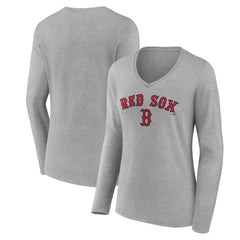 Boston Red Sox Women's Team Lockup Long Sleeve V-Neck T-Shirt - Gray