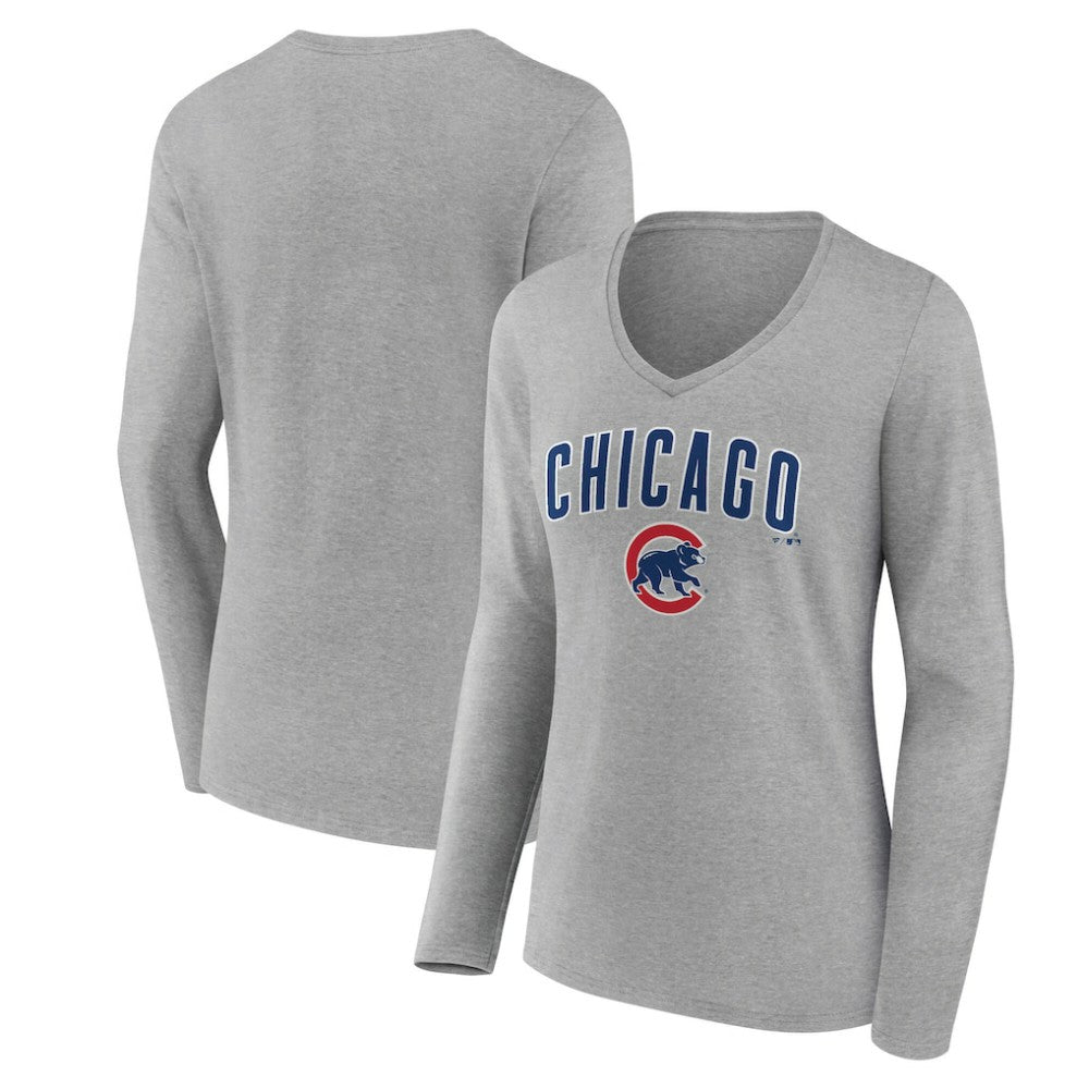 Chicago Cubs Women's Team Lockup Long Sleeve V-Neck T-Shirt - Gray