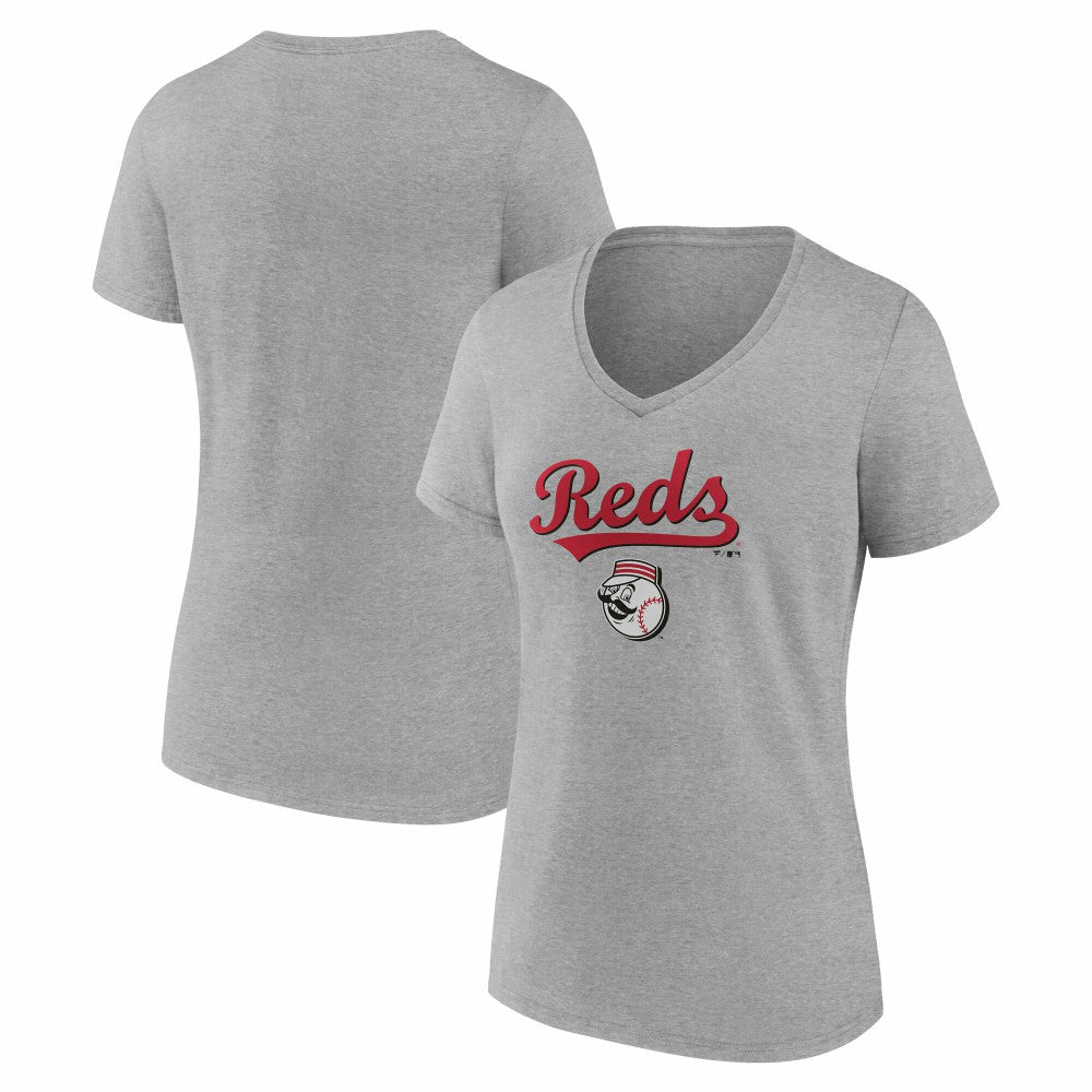 Cincinnati Reds Women's Team Lockup V-Neck T-Shirt - Gray