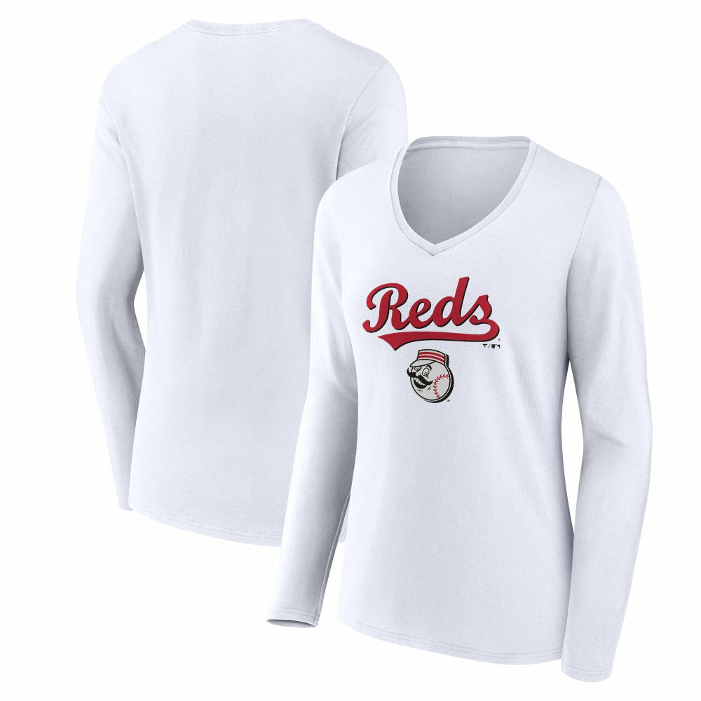 Cincinnati Reds Women's Team Lockup Long Sleeve V-Neck T-Shirt - White