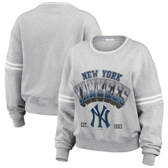 New York Yankees WEAR by Erin Andrews Women's Sleeve Stripe Fleece Crewneck Sweatshirt - Gray