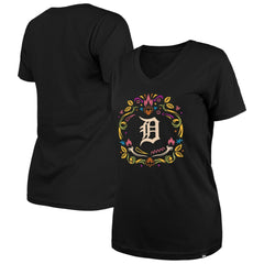 Detroit Tigers Women's Día de los Muertos V-Neck T-Shirt - Black | New Era