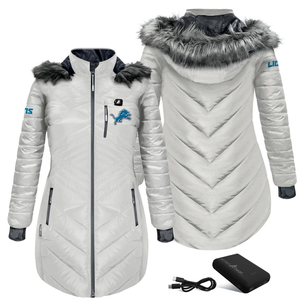 NFL Detroit Lions ActionHeat Women's 5V Battery Heated Long Puffer Full-Zip Hoodie Jacket