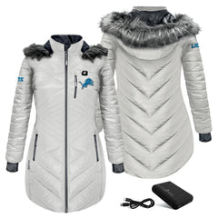 NFL Detroit Lions ActionHeat Women's 5V Battery Heated Long Puffer Full-Zip Hoodie Jacket
