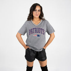 NFL New England Patriots Gameday Couture Women's Relaxed Iconic Edge Rhinestone V-Neck T-Shirt