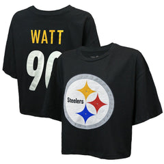 NFL Pittsburgh Steelers T.J. Watt Majestic Threads Women's Swarovski Crystals Boxy Cropped Name & Number T-Shirt