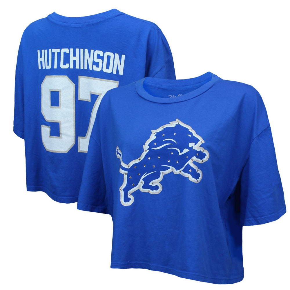 NFL Detroit Lions Aidan Hutchinson Majestic Threads Women's Swarovski Crystals Boxy Cropped Name & Number T-Shirt