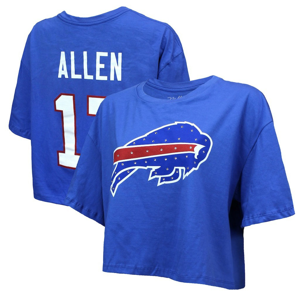 NFL Buffalo Bills Josh Allen Majestic Threads Women's Swarovski Crystals Boxy Cropped Name & Number T-Shirt