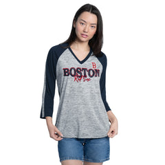 Boston Red Sox G-III 4Her by Carl Banks Women's Speed Training 3/4-Sleeve Rhinestone V-Neck T-Shirt - Navy/Heather Navy