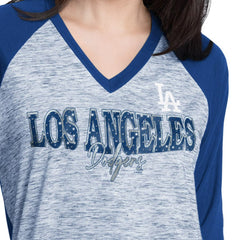 Los Angeles Dodgers G-III 4Her by Carl Banks Women's Speed Training 3/4-Sleeve Rhinestone V-Neck T-Shirt - Royal/Heather Royal