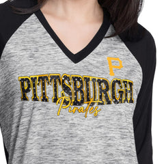 Pittsburgh Pirates G-III 4Her by Carl Banks Women's Speed Training 3/4-Sleeve Rhinestone V-Neck T-Shirt - Black/Heather Black