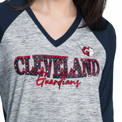 Cleveland Guardians G-III 4Her by Carl Banks Women's Speed Training 3/4-Sleeve Rhinestone V-Neck T-Shirt - Navy/Heather Navy