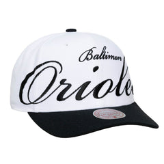 Baltimore Orioles Unisex XL Script Pro Crown Snapback Hat - White/Black | Mitchell & Ness