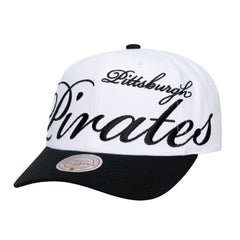 Pittsburgh Pirates Unisex XL Script Pro Crown Adjustable Hat - White/Black | Mitchell & Ness