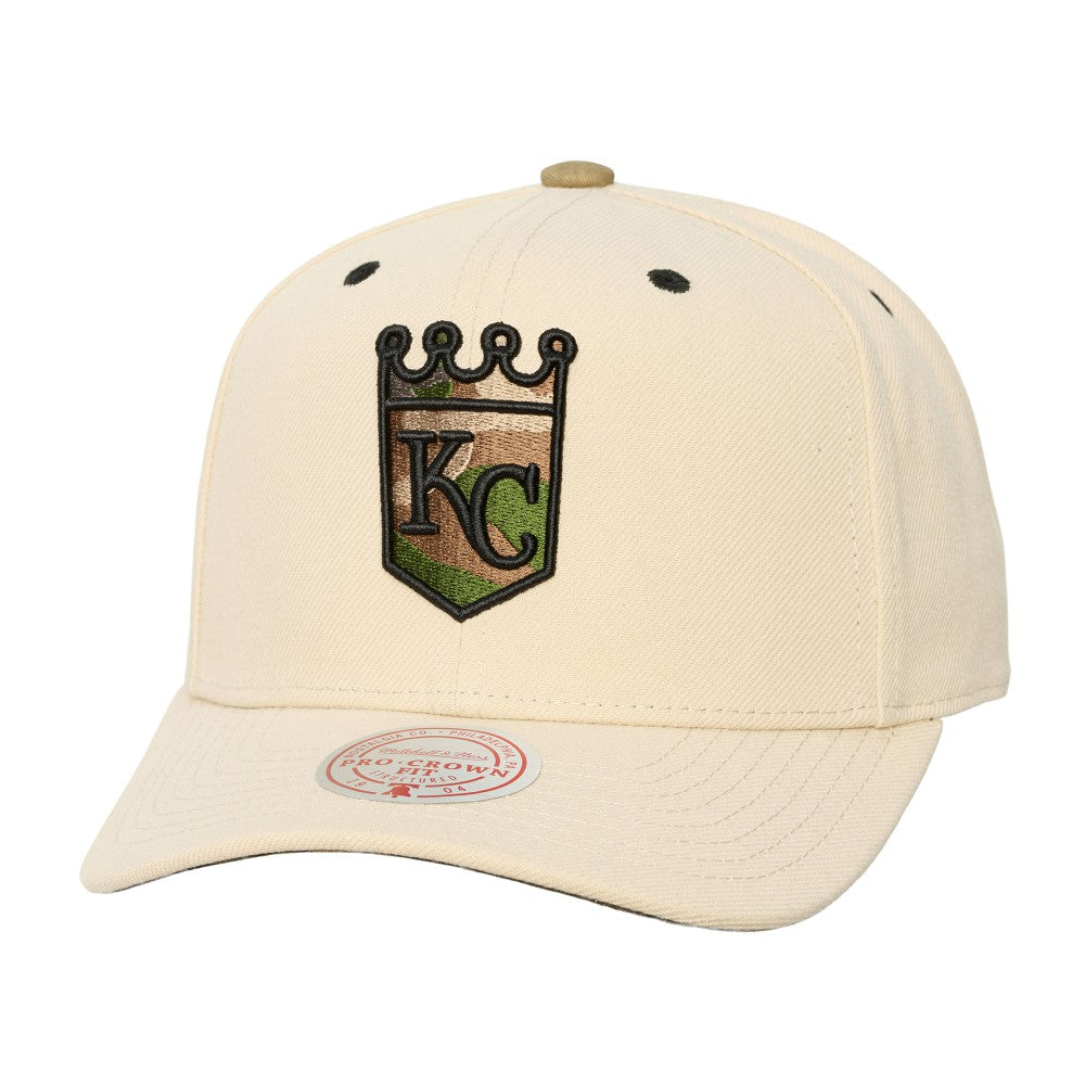 Kansas City Royals Unisex Camo Logo Pro Crown Snapback Hat - Cream | Mitchell & Ness