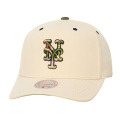 New York Mets Unisex Camo Logo Pro Crown Snapback Hat - Cream | Mitchell & Ness