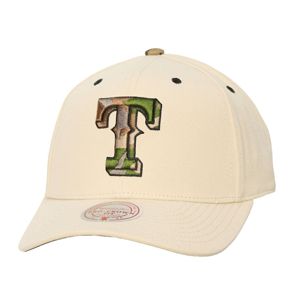 Texas Rangers Unisex Camo Logo Pro Crown Snapback Hat - Cream | Mitchell & Ness