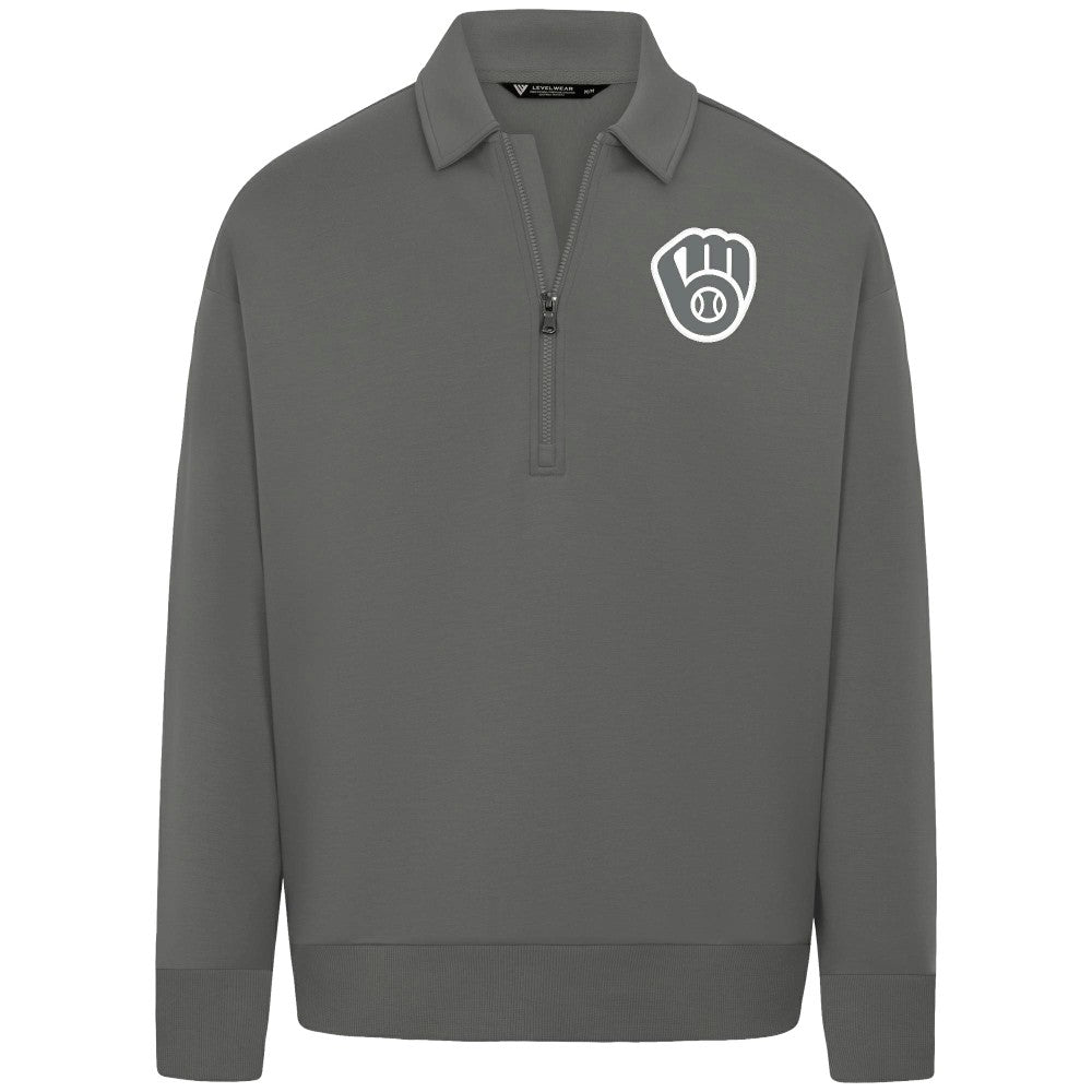 Milwaukee Brewers Levelwear Luxe Signature Quarter-Zip Chenille Logo Tri-Blend Sweatshirt - Gray