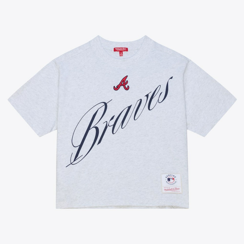 Atlanta Braves Women's Script Cropped Boxy T-Shirt - Heather Gray | Mitchell & Ness