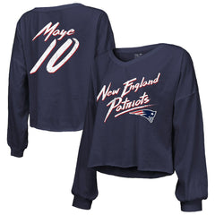 NFL New England Patriots Drake Maye Majestic Threads Women's Off-Shoulder Script Name & Number V-Neck T-Shirt