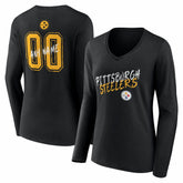 NFL Pittsburgh Steelers Women's Hustle Personalized Name & Number Long Sleeve V-Neck T-Shirt