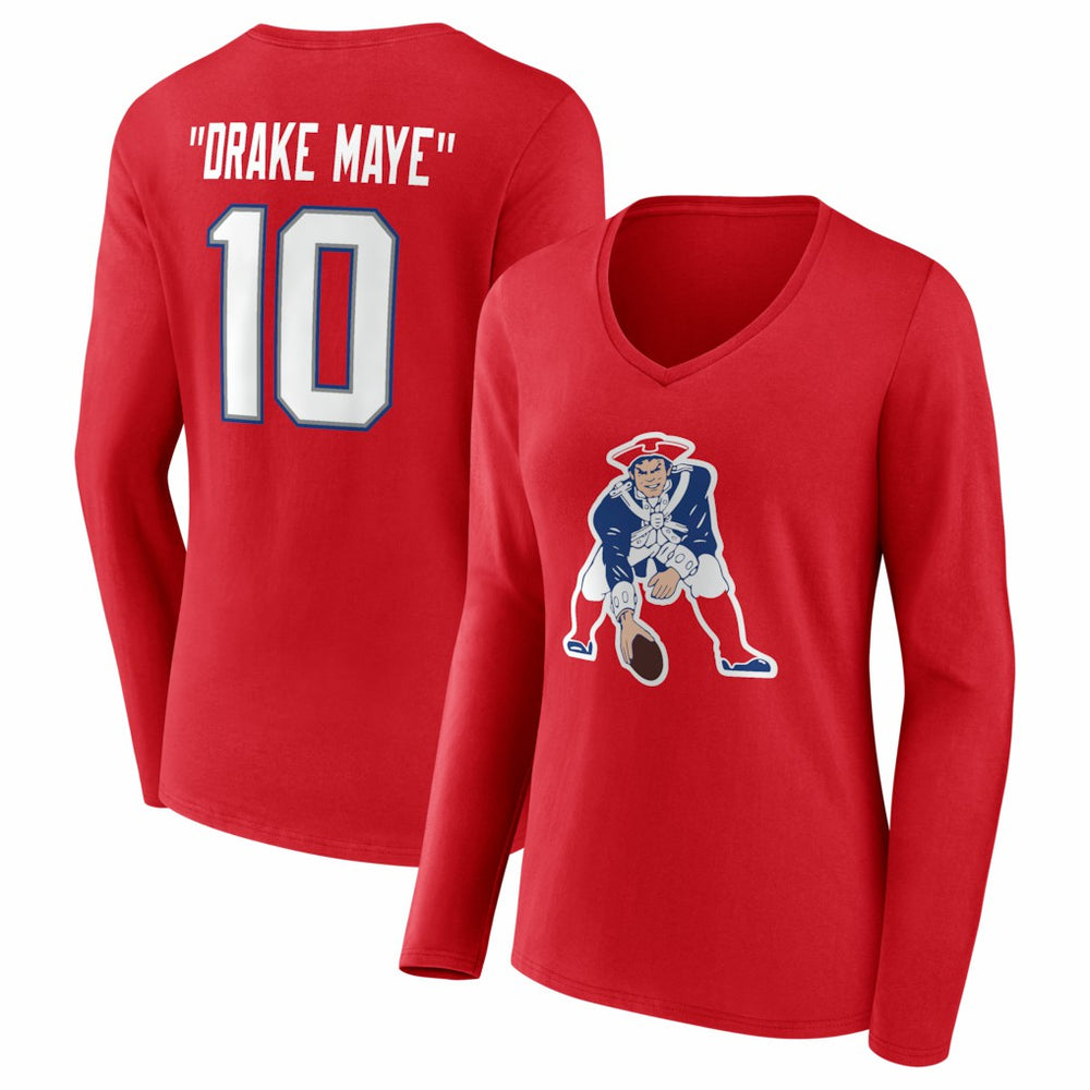 NFL New England Patriots Drake Maye Women's Nickname V-Neck Long Sleeve T-Shirt
