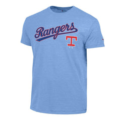 Texas Rangers Champion Cooperstown Wordmark Lockup Tri-Blend T-Shirt - Light Blue