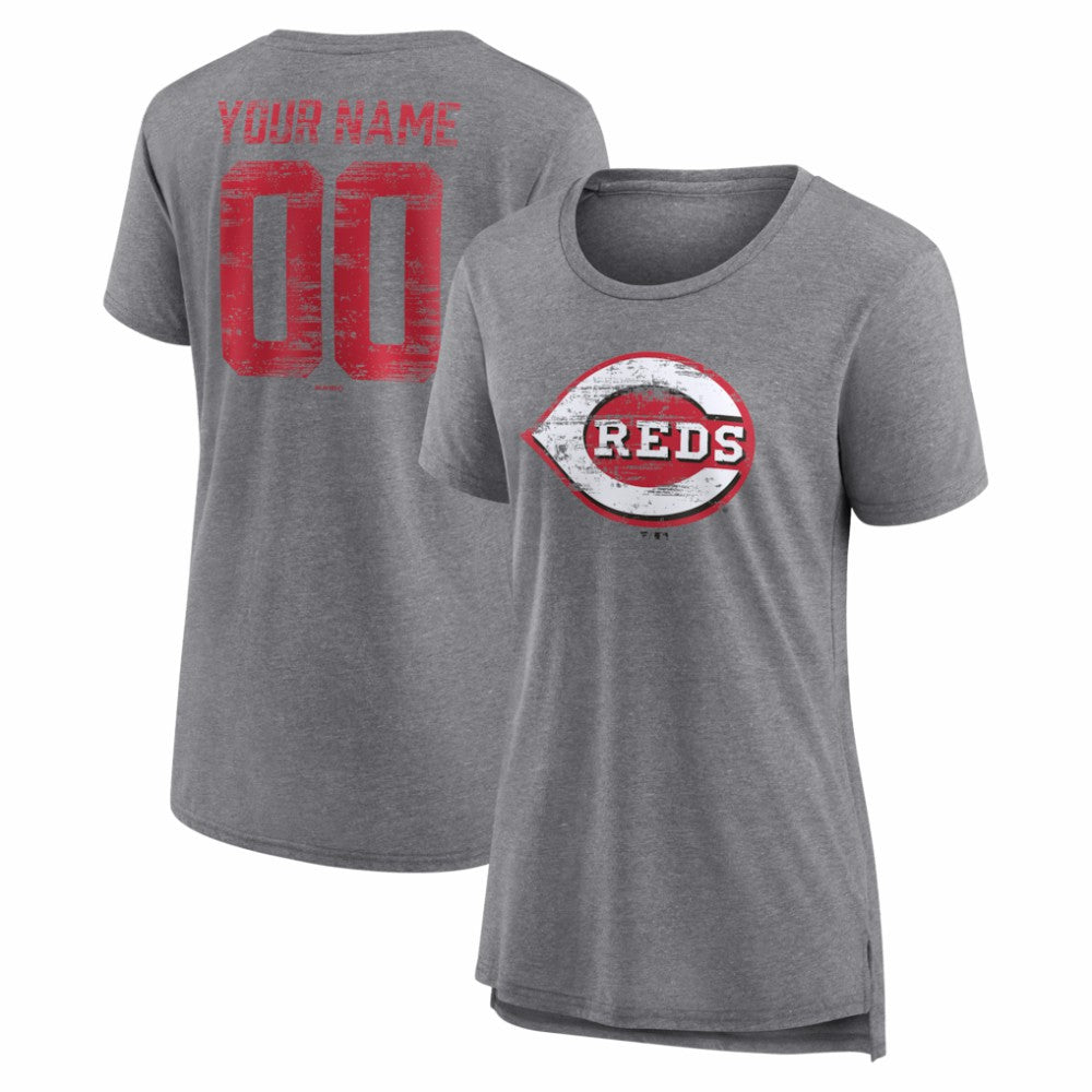 Cincinnati Reds Women's Heritage Personalized Any Name & Number Tri-Blend T-Shirt - Gray