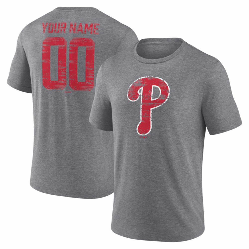 Philadelphia Phillies Heritage Personalized Any Name & Number Tri-Blend T-Shirt - Gray