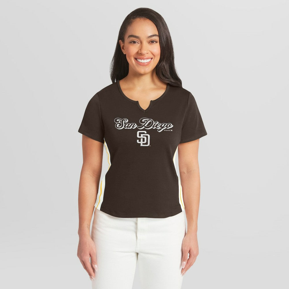 San Diego Padres WEAR by Erin Andrews Women's Notch Neck Cropped T-Shirt - Brown