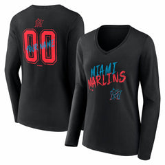Miami Marlins Women's Hustle Personalized Name & Number Long Sleeve V-Neck T-Shirt - Black