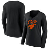 Baltimore Orioles Women's Team Color Primary Logo V-Neck Long Sleeve T-Shirt - Black