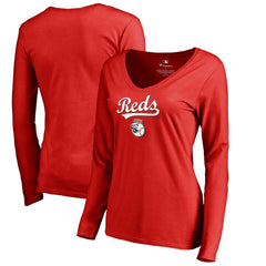 Cincinnati Reds Women's Team Lockup Slim Fit Long Sleeve V-Neck T-Shirt - Red